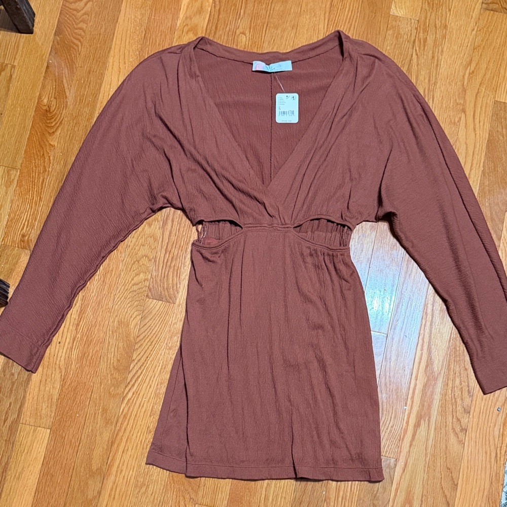 Free People Rust Brown Long-Sleeve V-Neck Ruched Waist Dress